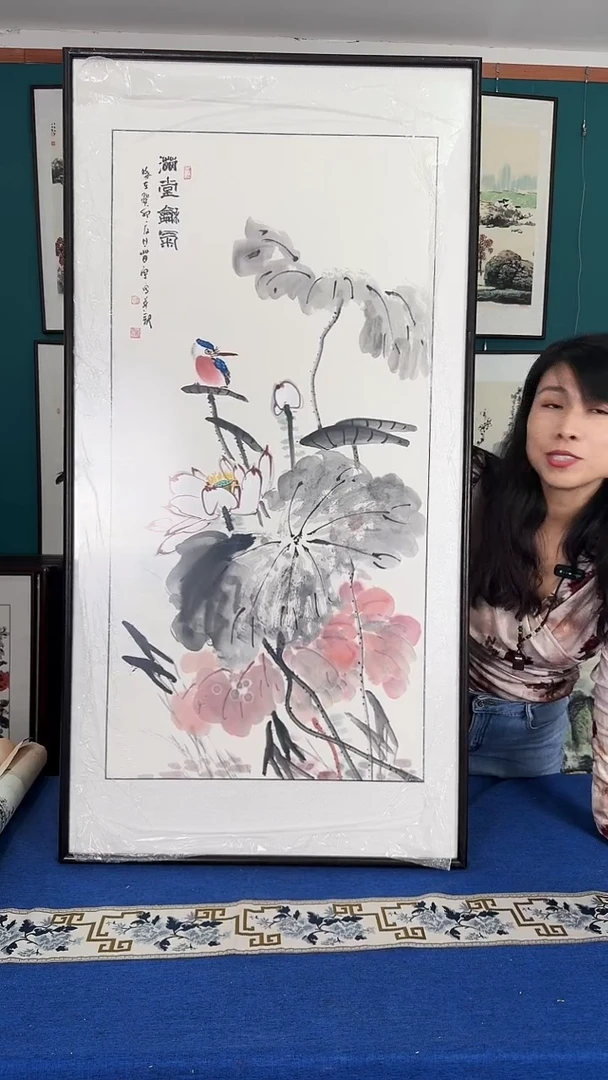 国画荷花实木装裱63*123
