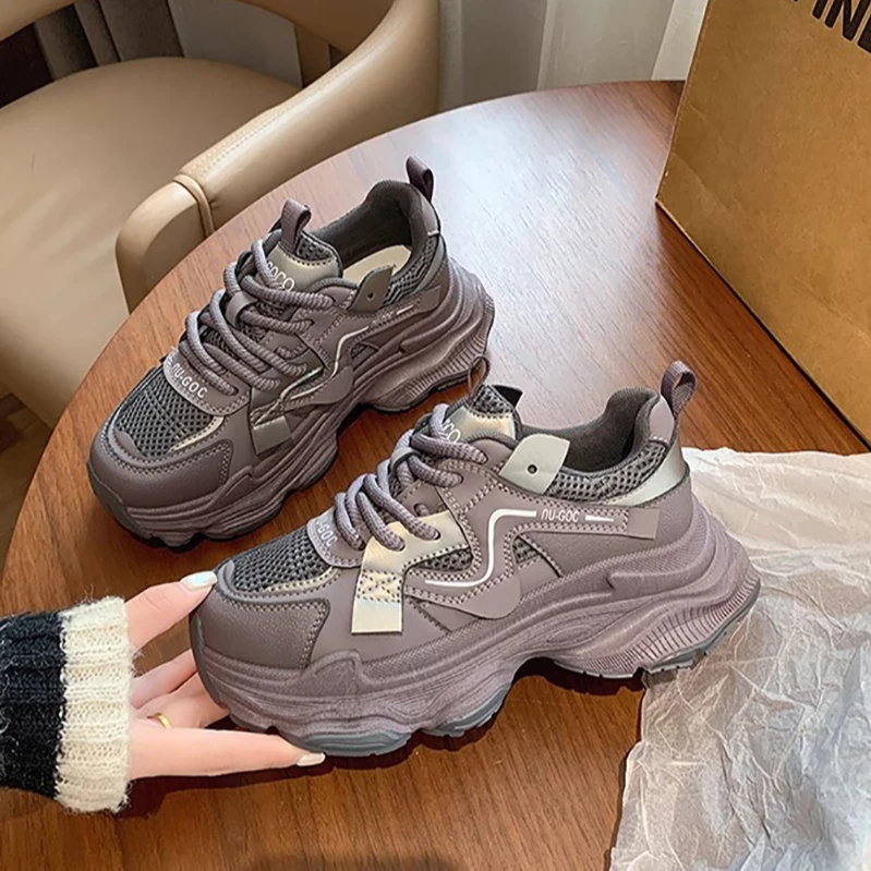 炸街网面拼接厚底老爹鞋女ins2025春新款增高休闲鞋跑步运动鞋