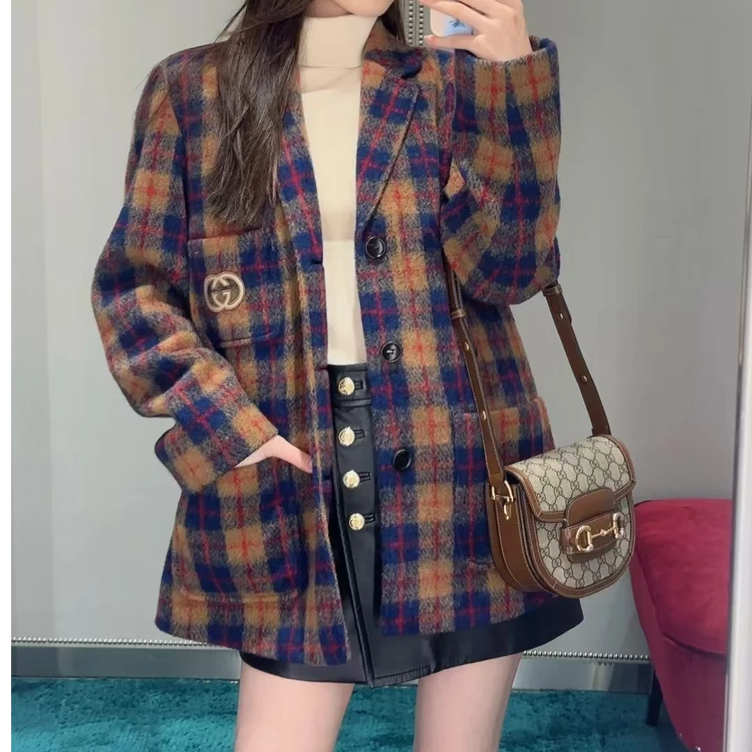 全新未使用 GUCCI/古驰 格纹Logo单排扣长袖夹克外套/50