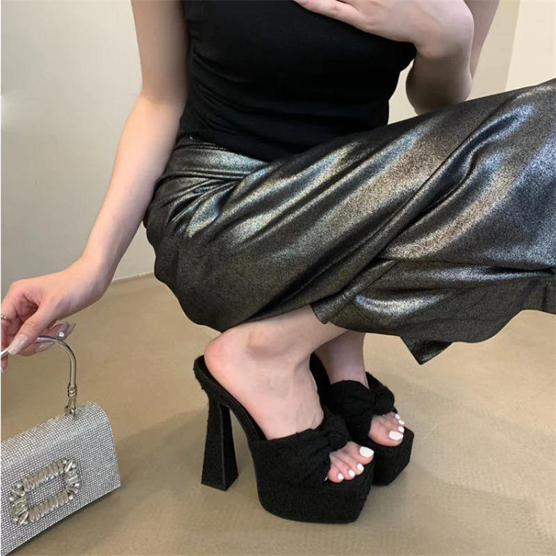 粗跟超高跟鞋13CM夜店性感防水台厚底蝴蝶结时尚模特走秀凉拖鞋女