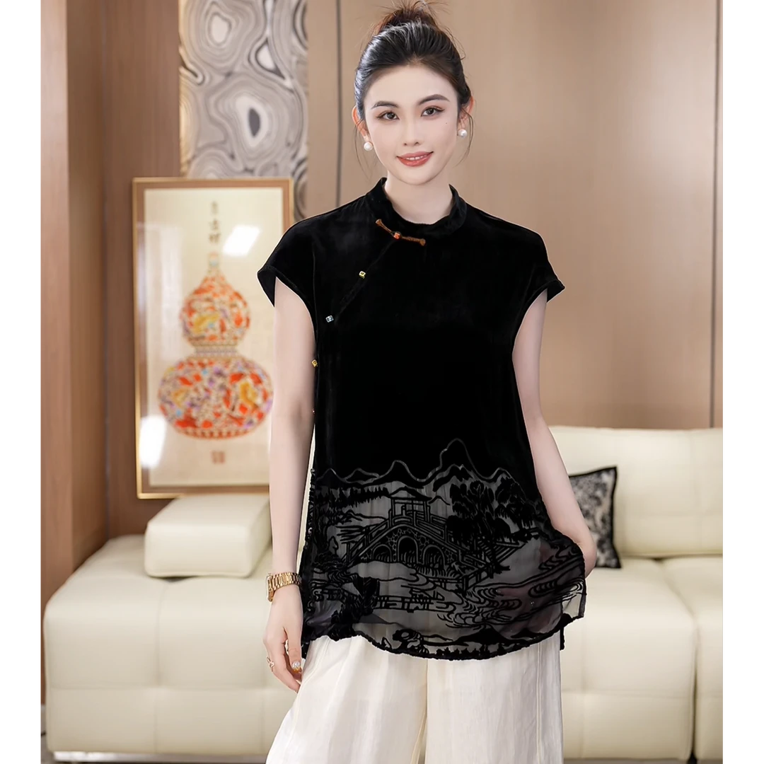 水墨烧花彩扣真丝丝绒奥黛国风气质显瘦夏季短袖上衣A050778