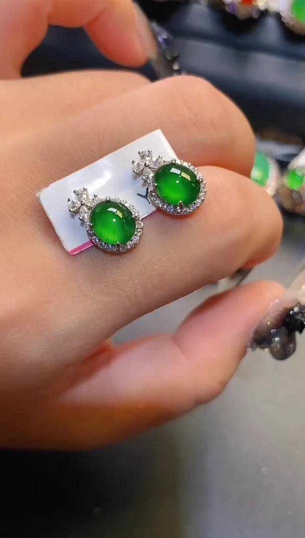 银S925镶嵌翡翠耳饰天然