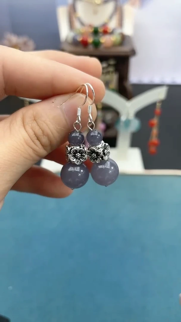 和田玉银S925镶嵌耳饰12mm烟紫四面花