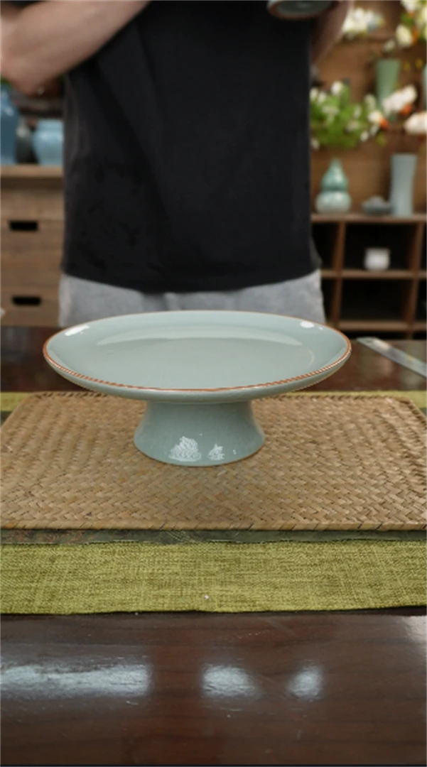 【闪购商品】粉青团圆高足细脚果盘20cm