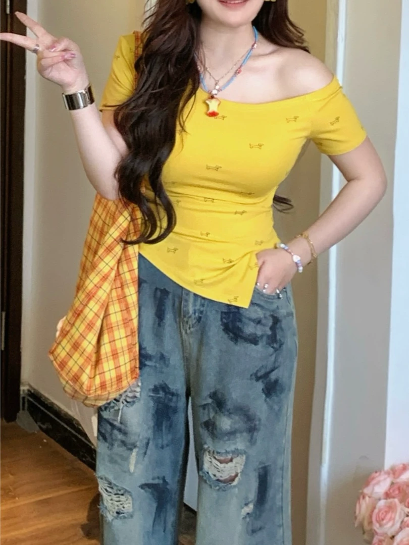 微胖mm夏季新款修身显瘦绑带收腰小狗印花短袖T恤一字肩上衣