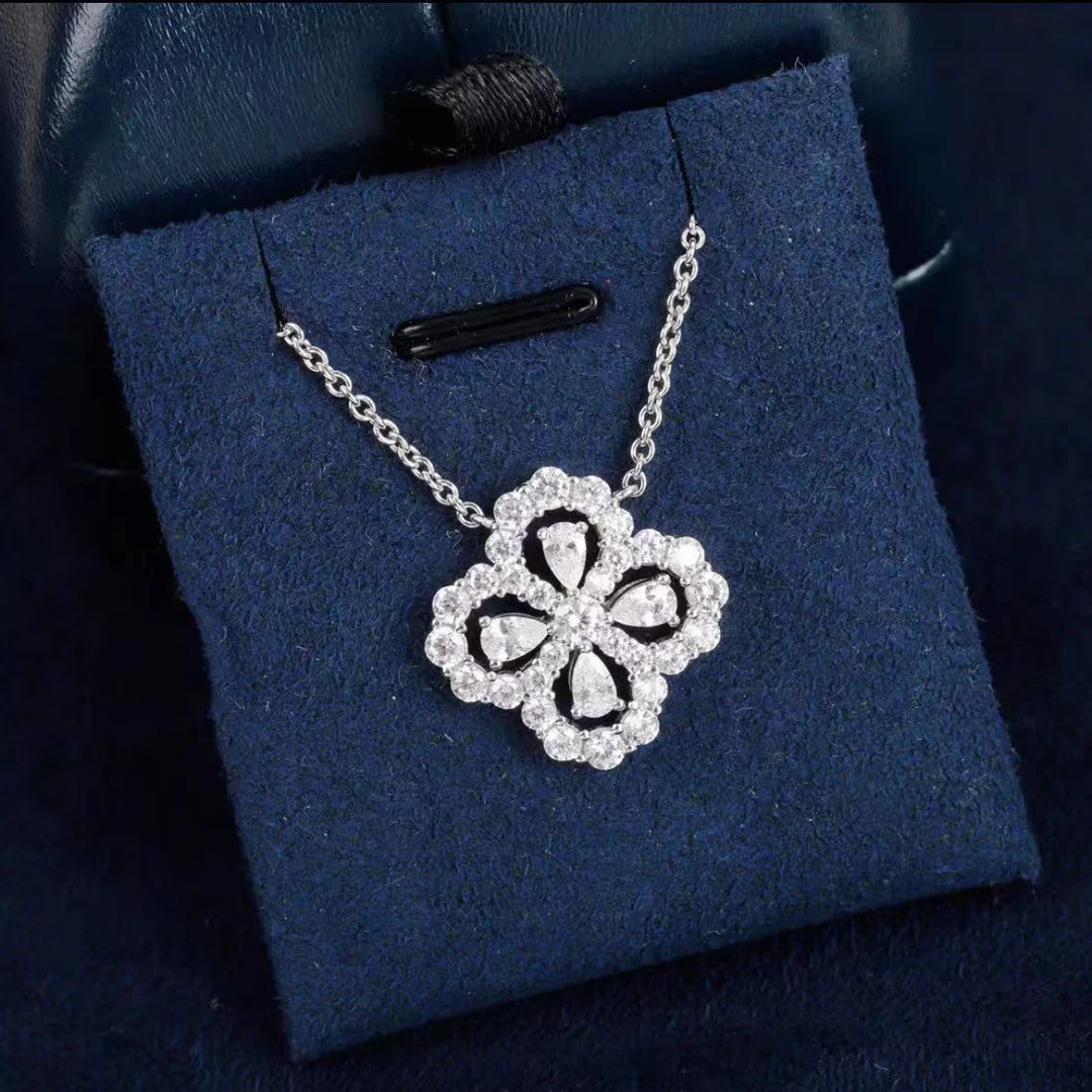 坠链均925银莫桑石 轻奢四叶草坠链经典银色镶钻奢华时尚