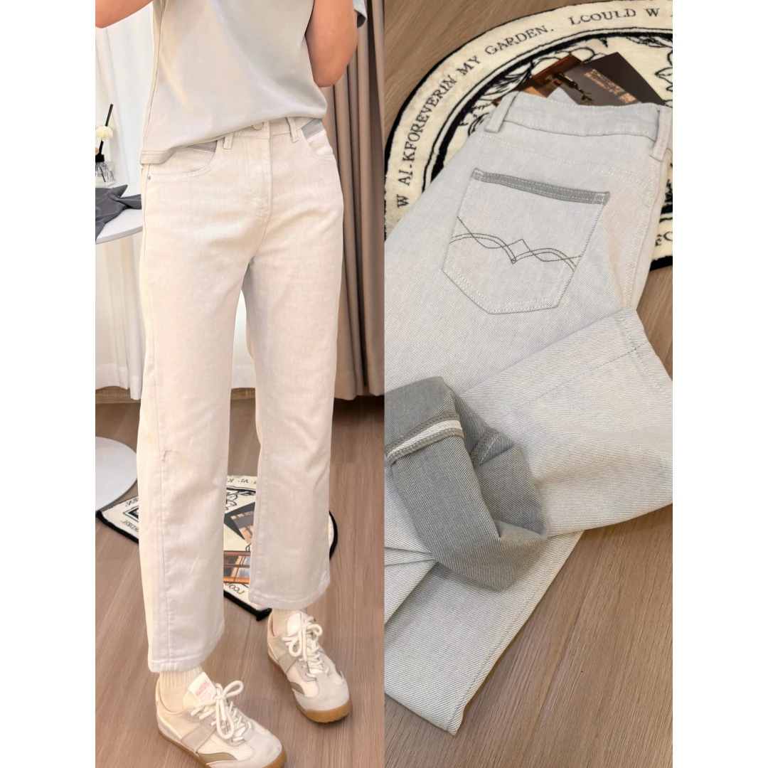 「冰川蓝」2025春季新款灰底白面莱赛尔直筒法棍九分牛仔裤C0126