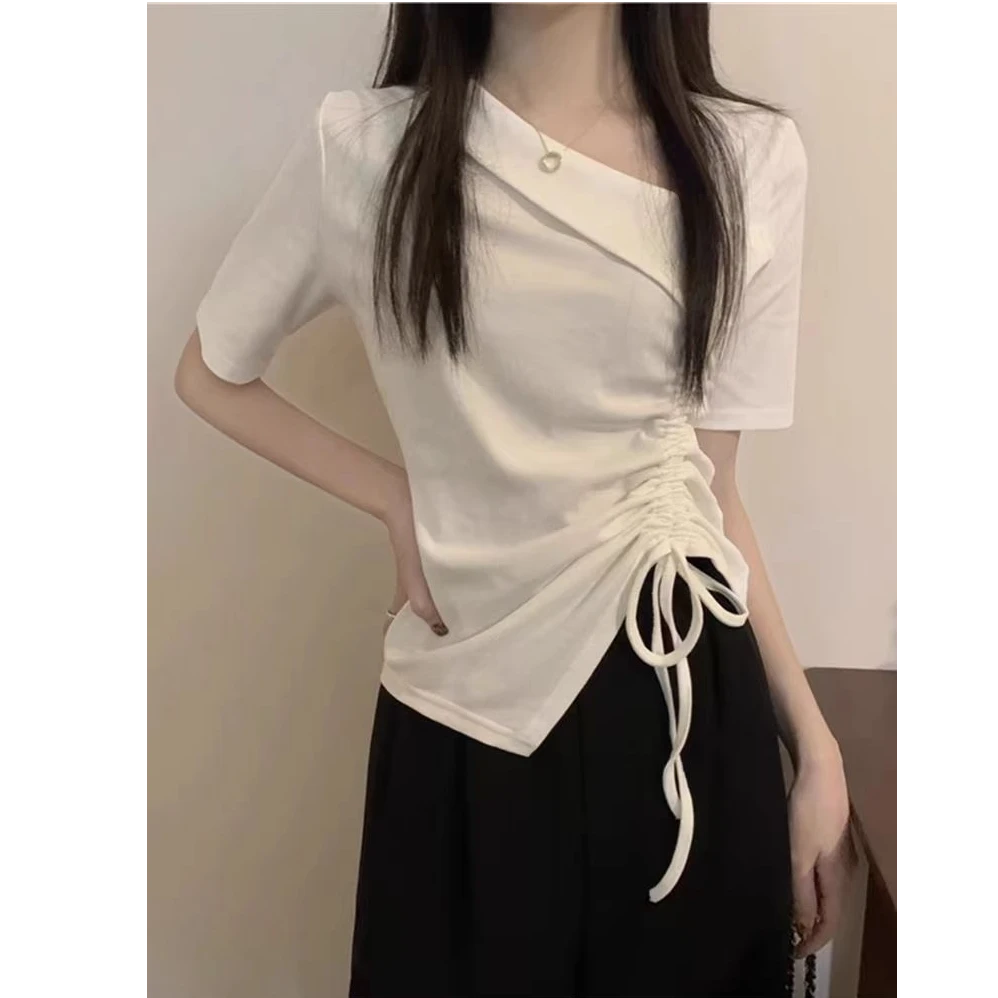 A-666不规则抽绳高腰短袖T恤女2025夏季潮牌新款短款上衣