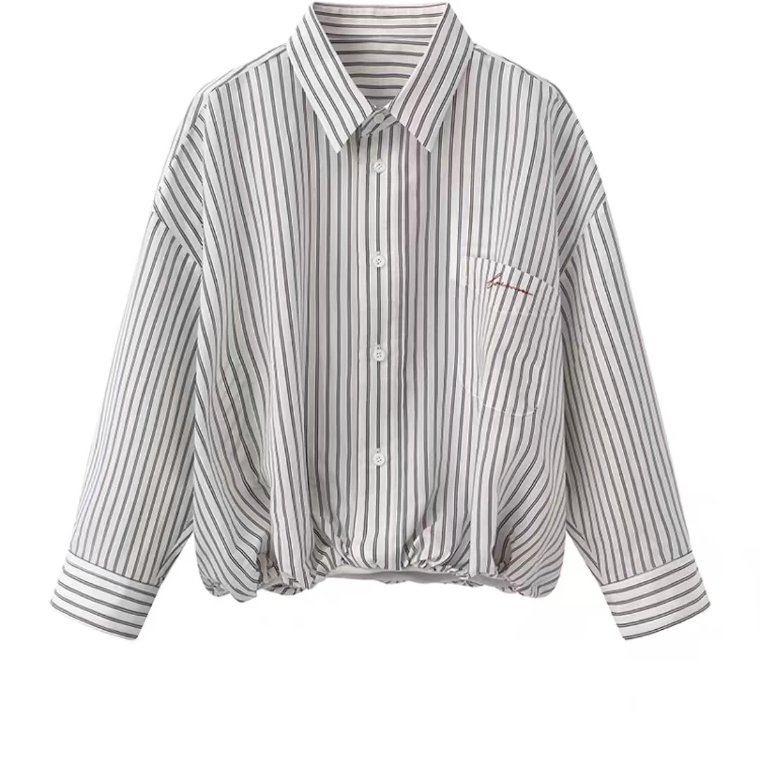 56.2025夏季新款宽松翻领条纹收腰长袖短款衬衫