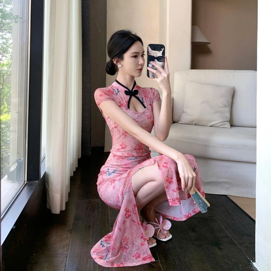 直播女主播衣服夏季新中式国风年轻款改良旗袍长裙网纱包臀连衣裙