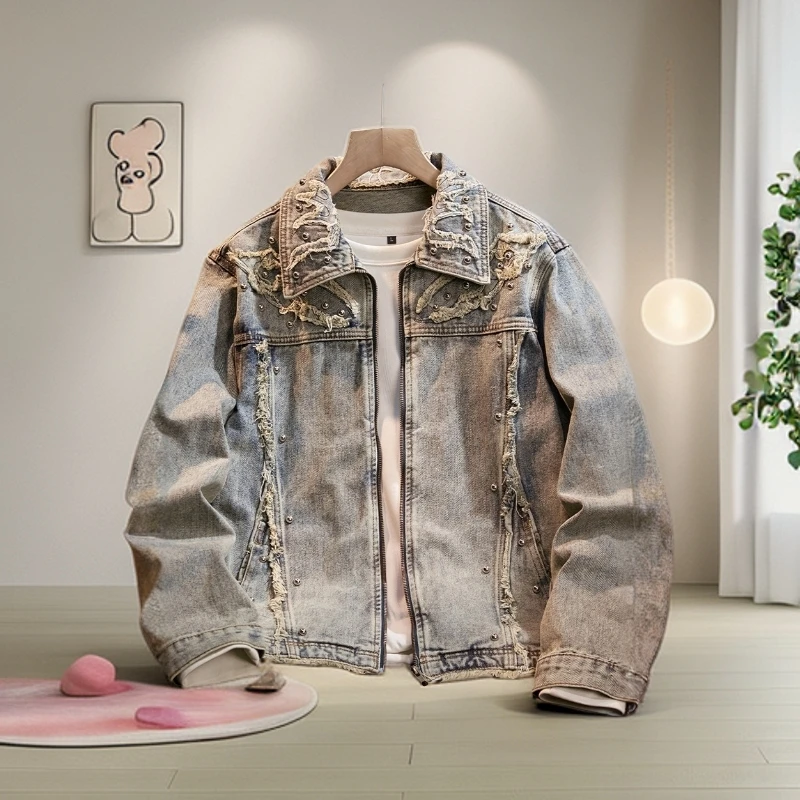 西特蒙恩复古做旧摩托机车风拉链牛仔外套男重磅男夹克