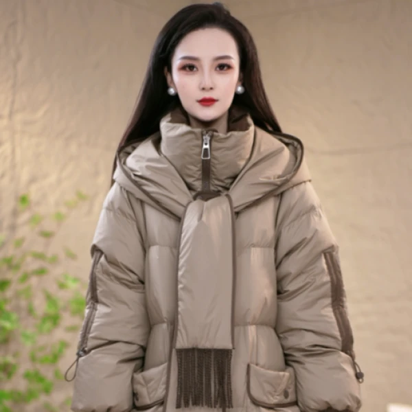 冬季围巾连帽百搭时尚保暖白鸭绒羽绒服M-XL