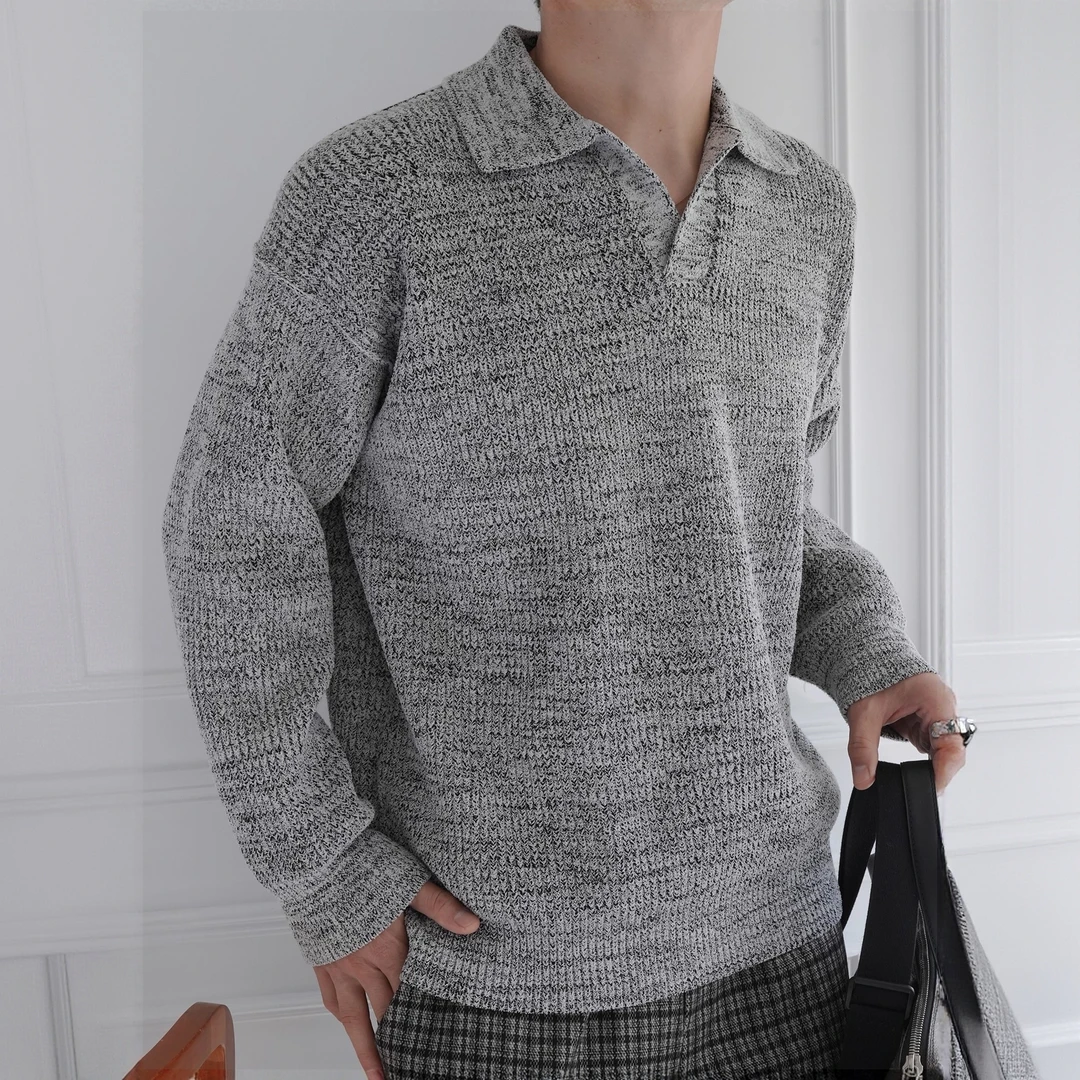 美式复古老钱风POLO领棒针毛衣男冬季潮流新款宽松翻领杂色针织衫