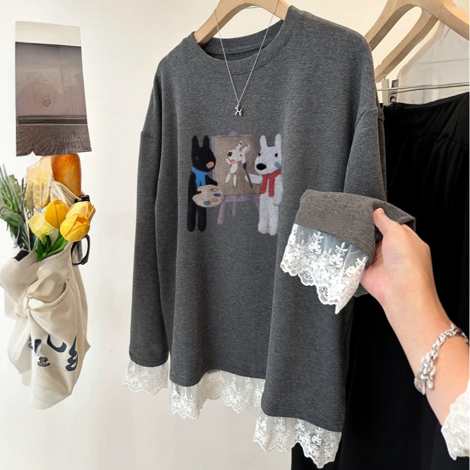 200斤大码卡通艺术狗拼接蕾丝磨毛T恤打底衫女冬季胖妹妹长袖上衣