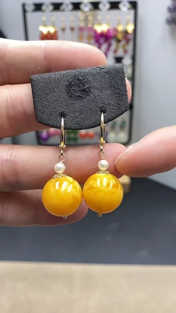 【闪购商品】蜜蜡耳饰银S925镀金镶嵌尺寸16mmZ6