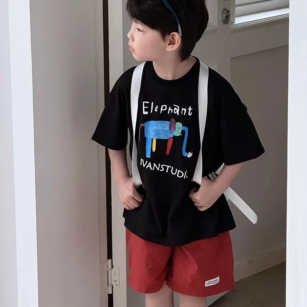 顶瓜瓜高街创意感大象印花纯棉短袖T恤中大童潮牌宽松百搭上衣衫