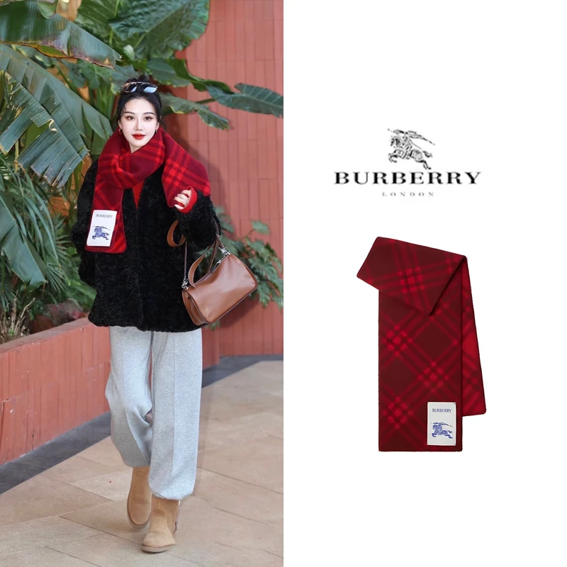 Burberry博柏利 马术骑士徽标标签 绒线围巾男女同款情侣款 红色