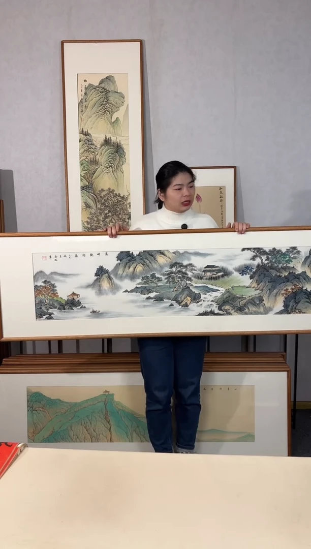 国画手绘*溪畔观钓图*52*172cm原木色木框