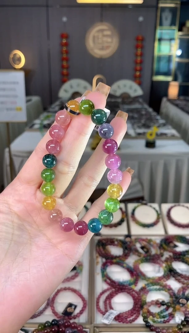 未镶嵌老矿碧玺色标彩单圈手串9mm+碧玺dan多样性发货一条