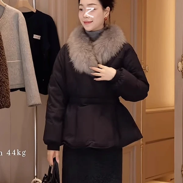 鸥小柒同款女装女冬高级感收腰设计保暖棉衣高端拼接毛领短款外套