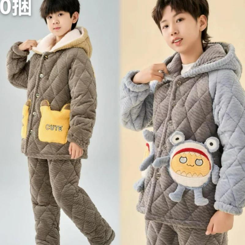 0866男中童冬季流行款蛋仔三层夹棉加厚家居服套装儿童