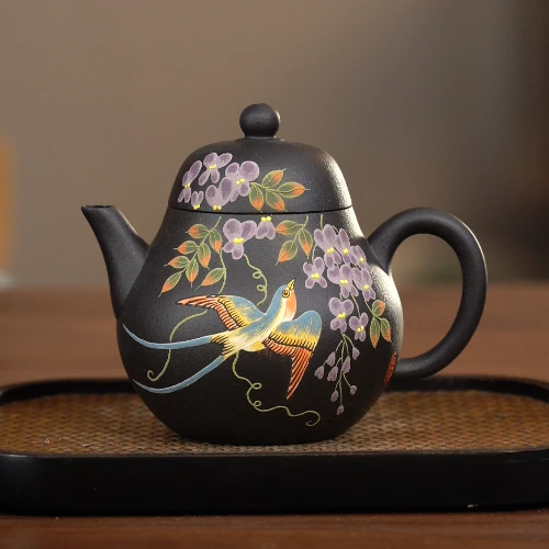 9119宜兴紫砂茶具家用泡茶壶黑墩头泥料堆绘紫藤花壶200cc左右YST
