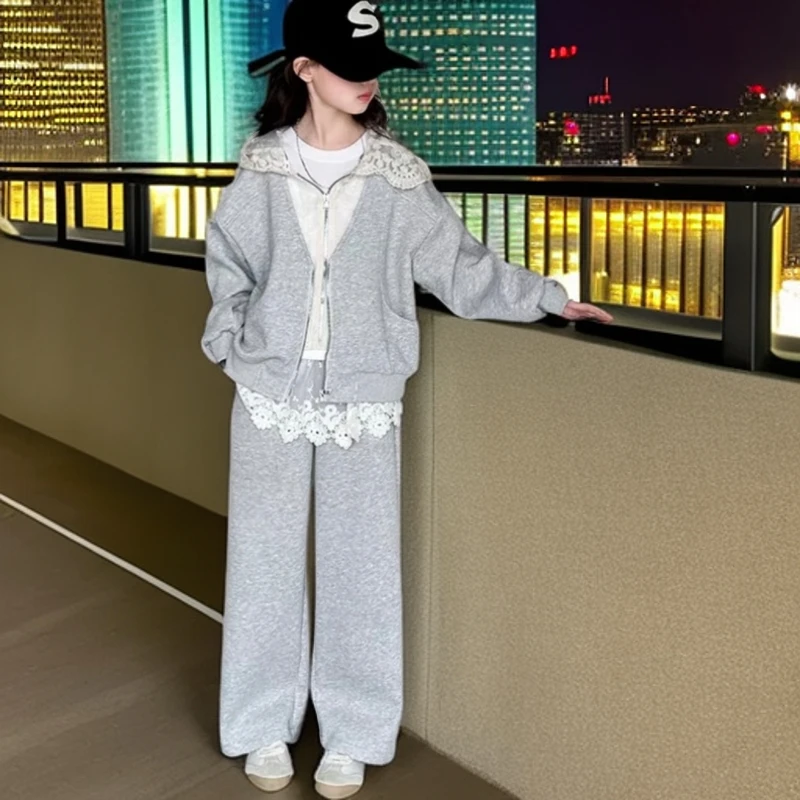 阔腿春秋套装千金风卫衣时尚拉链女外套加绒童装套头洋气纯色女童