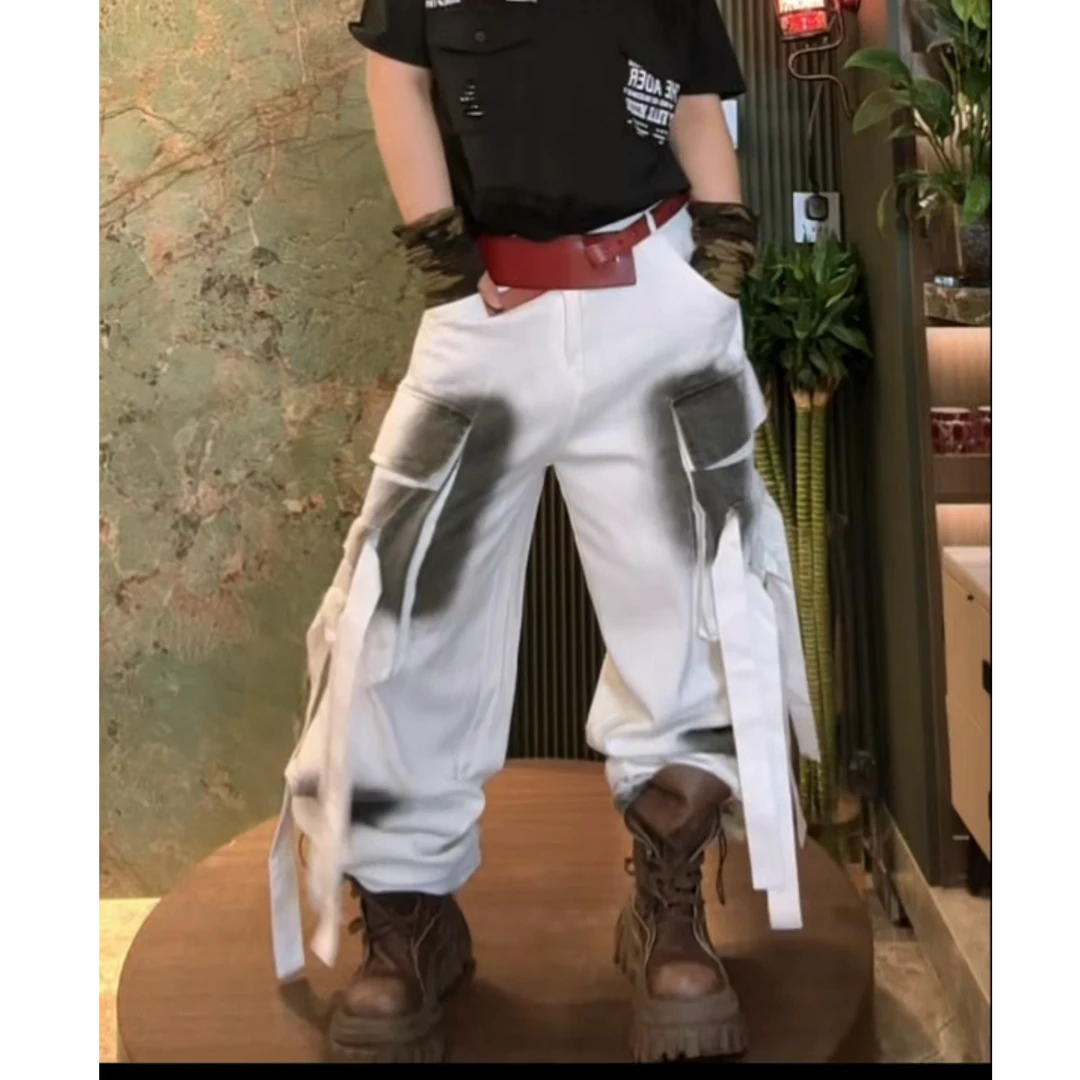 新款白色手工擦色飘带软牛仔工装裤