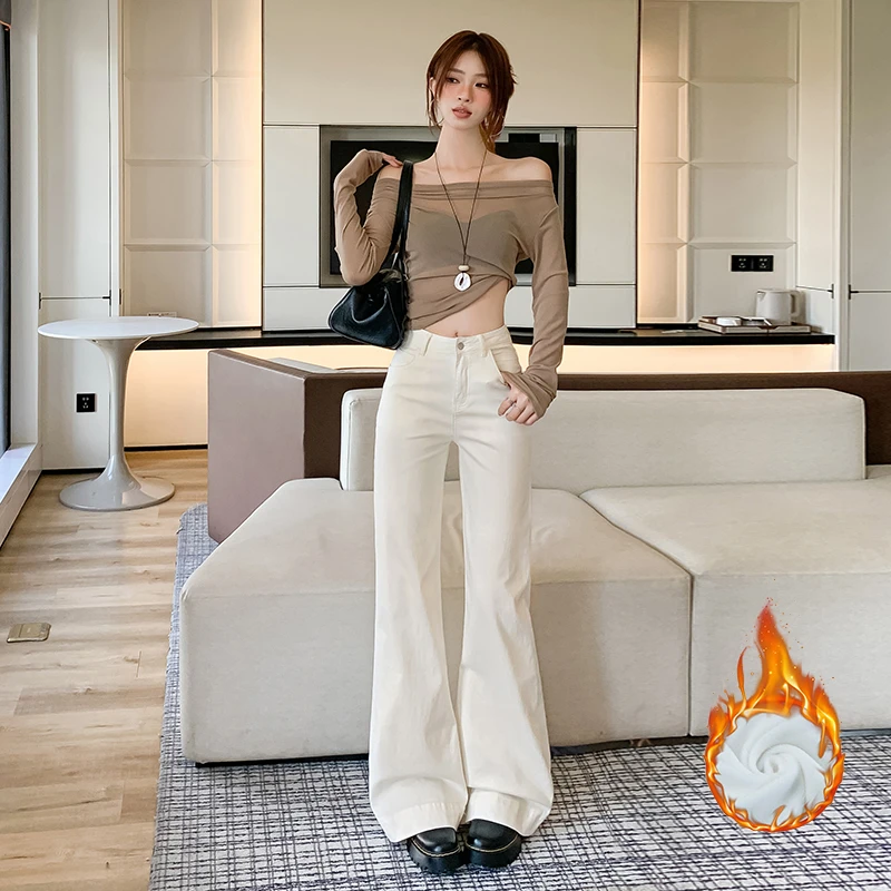 2331杏色加绒弹力阔腿喇叭裤女2025年秋冬款高腰显瘦百搭牛仔裤子