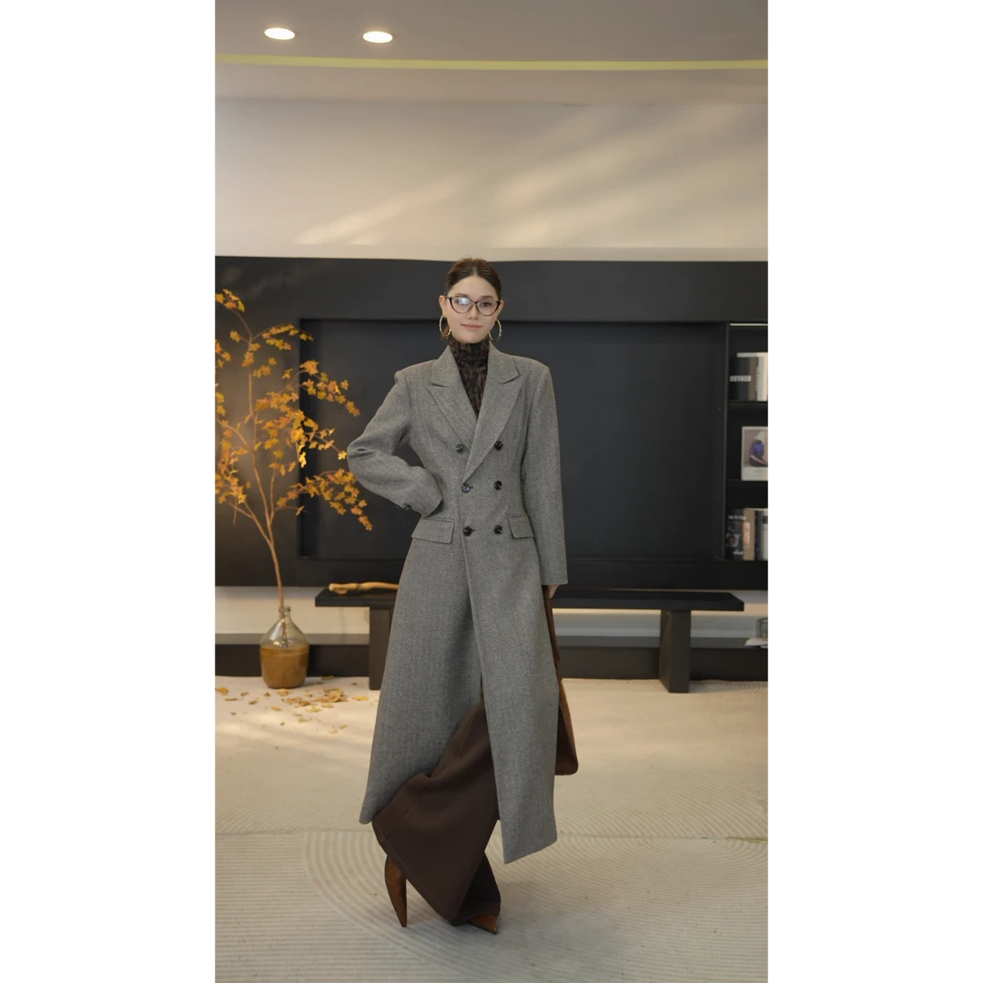 DENGDAHA「巴黎报社」复古风 翻领蚂蚁腰粗纺外套大衣HBZXP710088