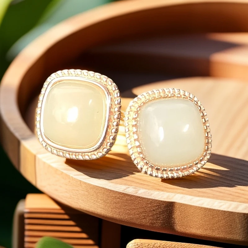 天然和田玉s925银镶嵌优雅时尚耳钉10*5mm和田玉