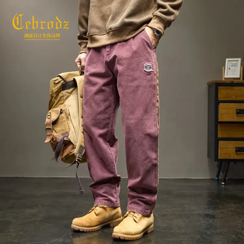 法国Cebrodz潮牌撞色拼接直筒休闲裤宽松秋季新款裤男潮流百搭