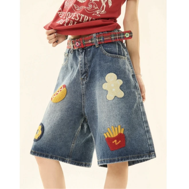 夏季新款高腰潮流美式复古风百搭汉堡薯条牛仔五分裤B1247/1248