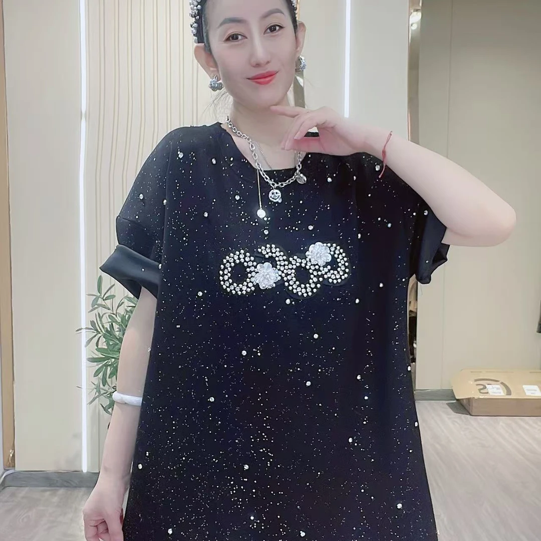OC钉珠镶钻亮片圆领欧韩T恤