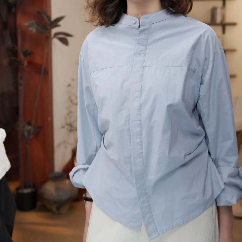 2025早春韩版新款设计感文艺风设计感捏褶圆领衬衫LK2501325