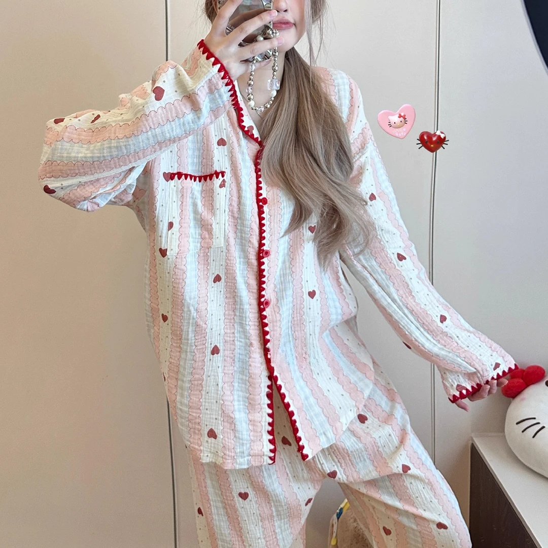 粉色爱心条纹甜美睡衣女款春秋季纯棉长袖泡泡棉纱休闲家居服套装