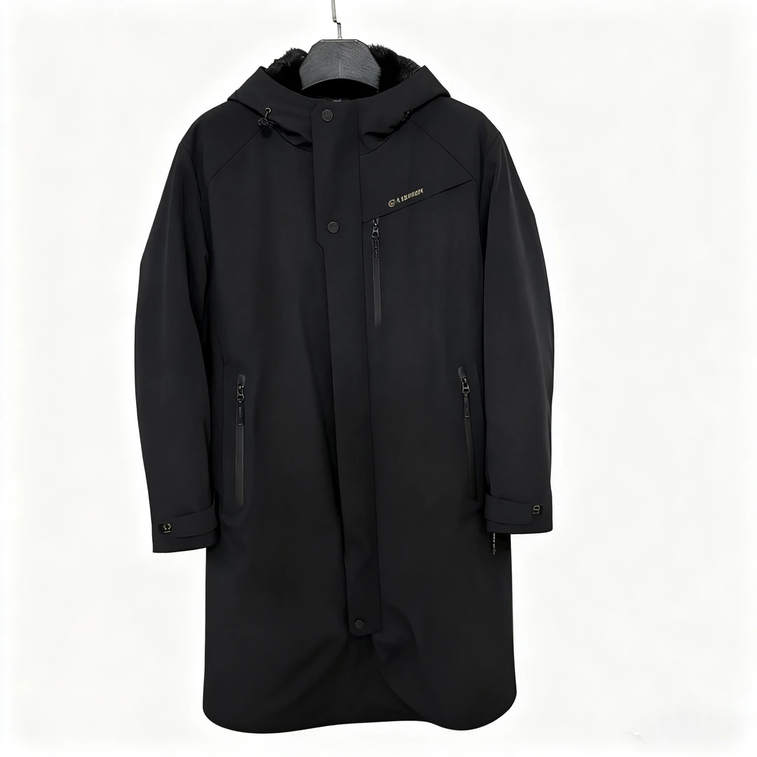 男士厚款黑貂连帽长款冬季可拆卸貂内胆时尚黑色休闲