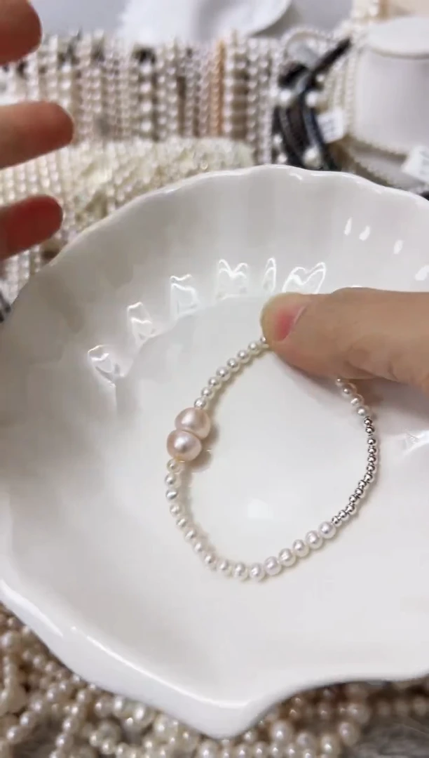 【闪购商品】淡水珍珠手串银S925镶嵌珍珠手串弹力绳