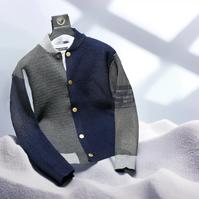 宾斯洛特潮牌男士休闲针织开衫外套秋冬季新款撞色时尚长袖毛衣潮