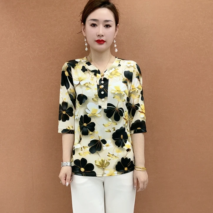 妈妈春夏半袖T恤大码小衫宽松显瘦妈妈新款花色上衣6955