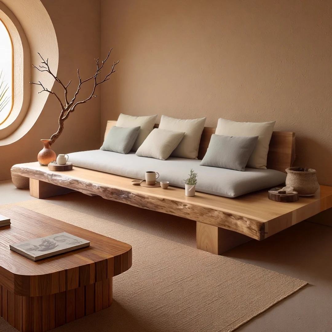 侘寂风实木直排沙发组合氛围感三人位沙发民宿酒店家具原木中古风