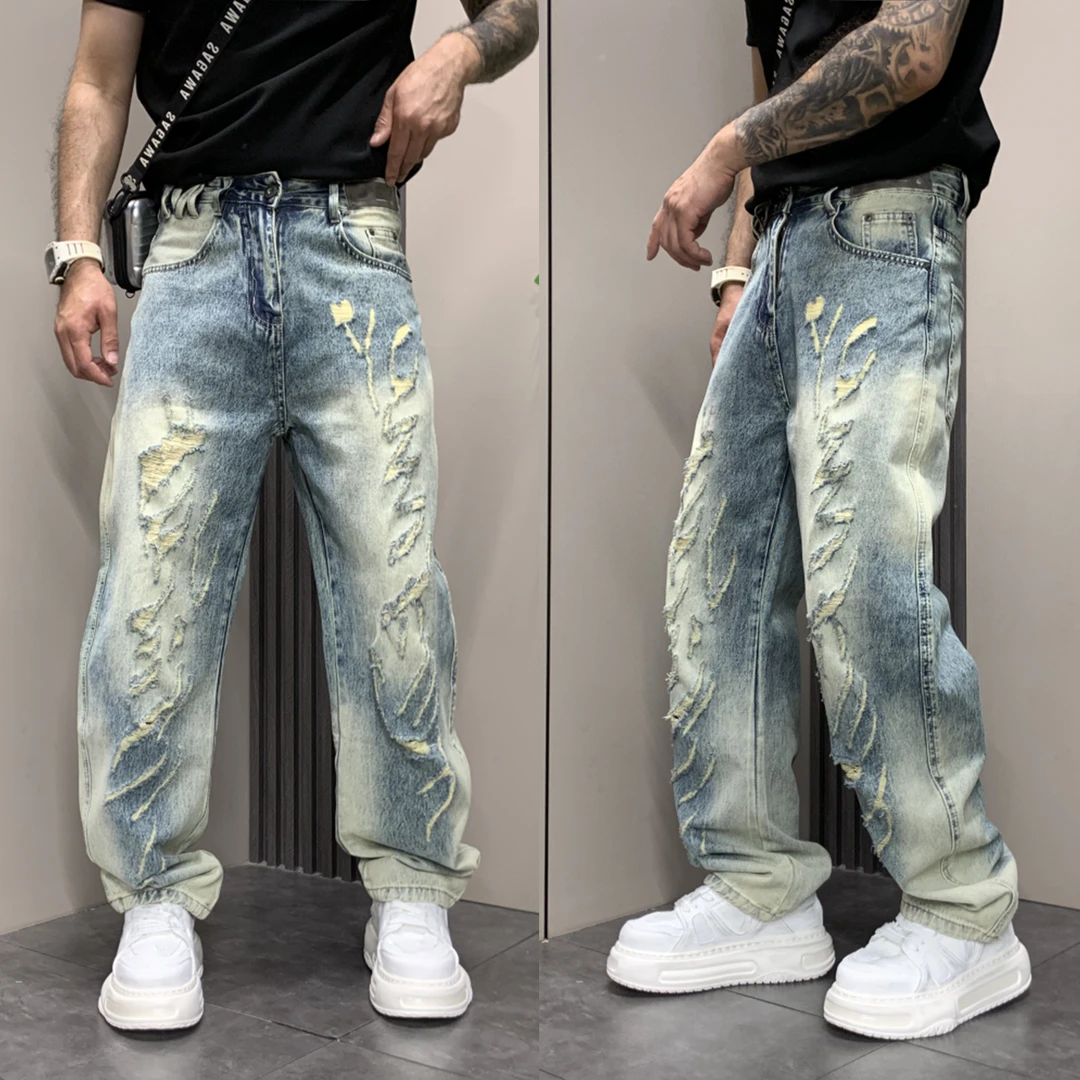 2025秋季新款男士牛仔裤潮牌复古宽松直筒破洞垂感百搭宽松休闲裤