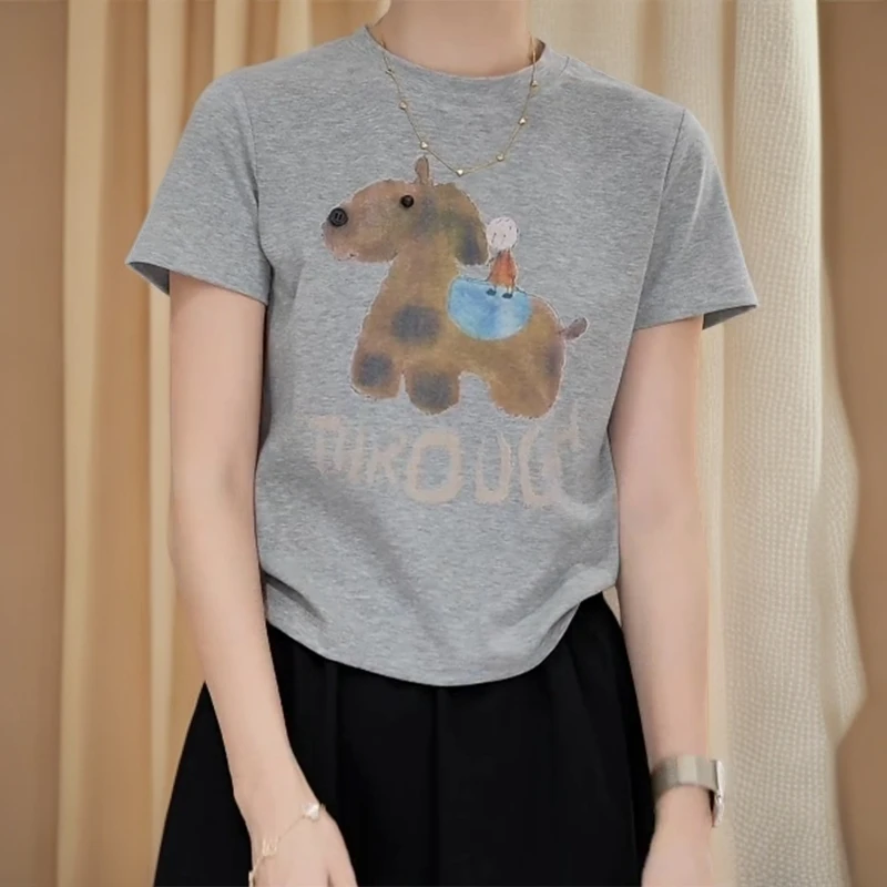 早秋新款百搭休闲圆领小狗印花T恤C5898