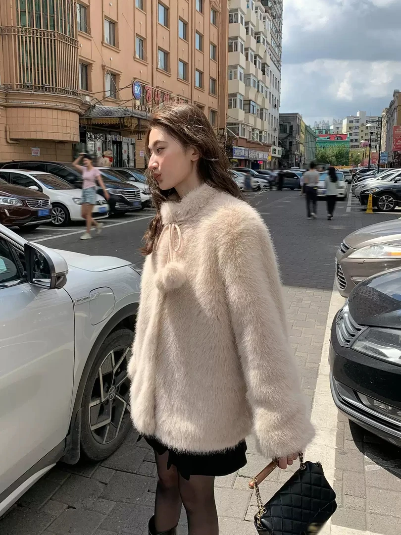 秋冬新款环保水貂毛外套保暖气质毛球绑绳毛毛外套女皮草短款外套