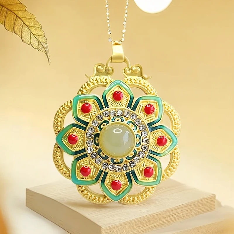 《千福甄选》天然和田玉八宝福莲吊坠