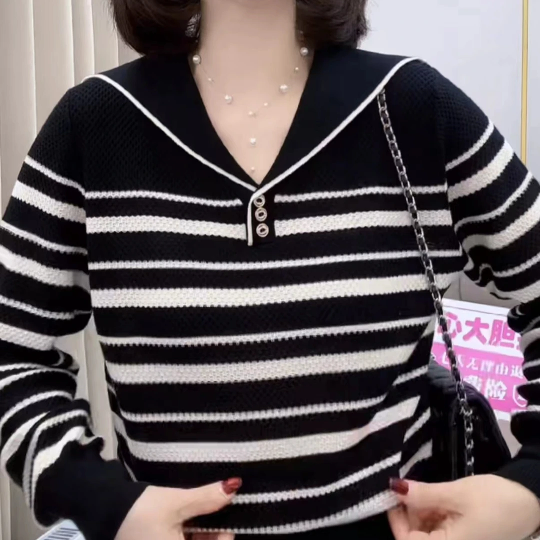 海军领条纹针织衫女2025新款春季慵懒风宽松减龄洋气提花镂空上衣