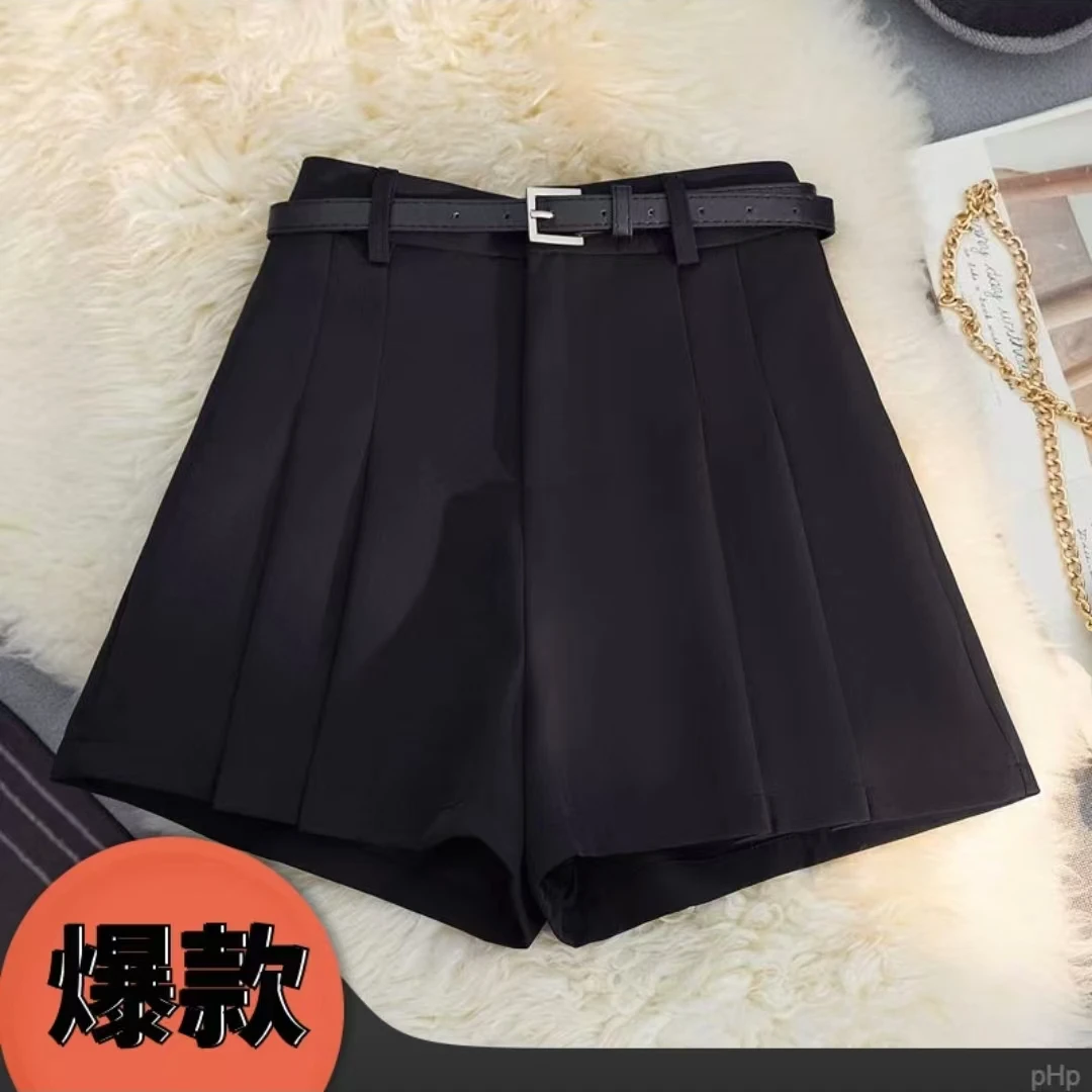 高腰百褶设计感毛呢加厚女秋冬新款黑色显瘦休闲短裤百搭宽松短裤