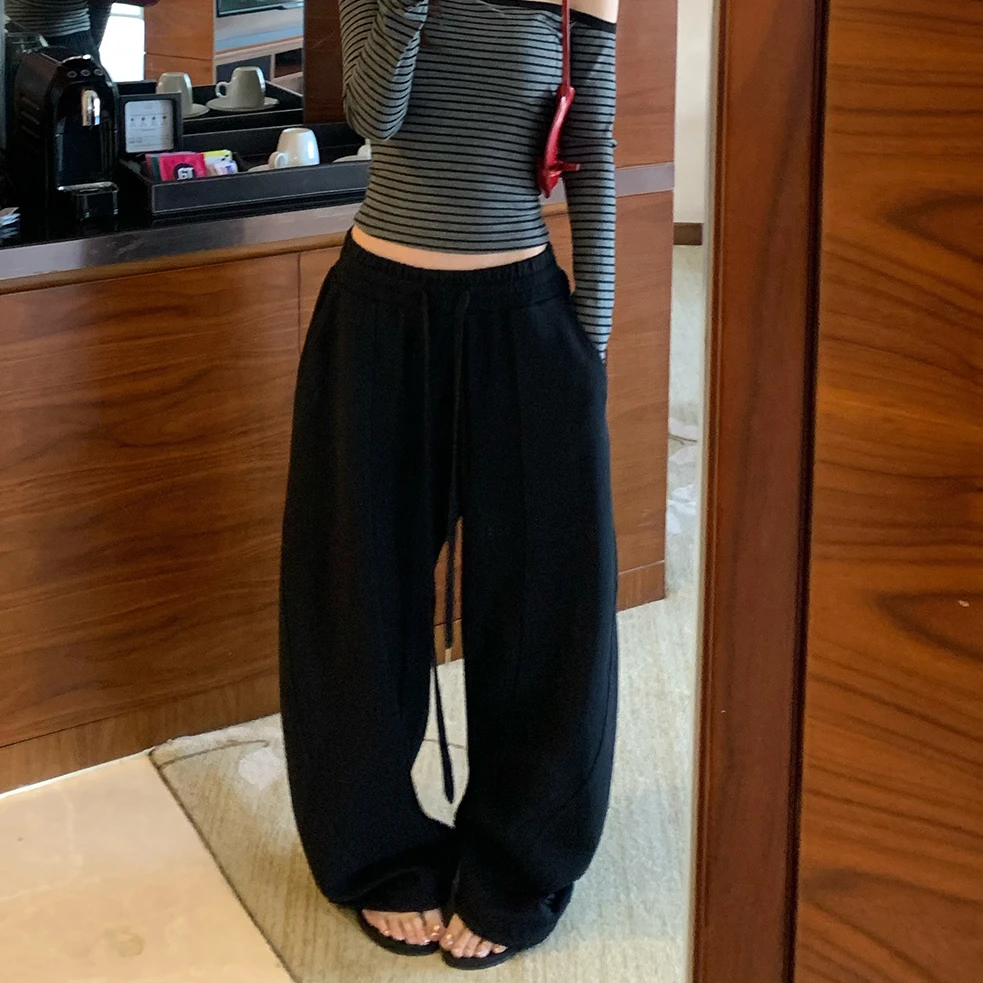 慵懒风裤子高腰运动休闲裤女秋新款黑色弯刀抽绳松弛感阔腿长裤N