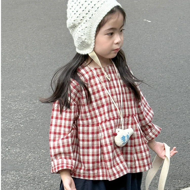 女童衬衫2025秋装女宝韩版女孩复古红格子娃娃衫圆领衬衣短款上衣