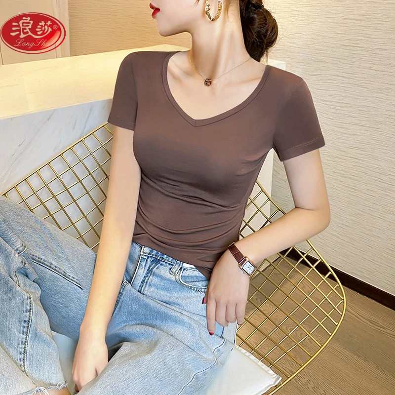 薄款t恤女短袖一片式v领2025夏修身显瘦简约舒适半袖打底